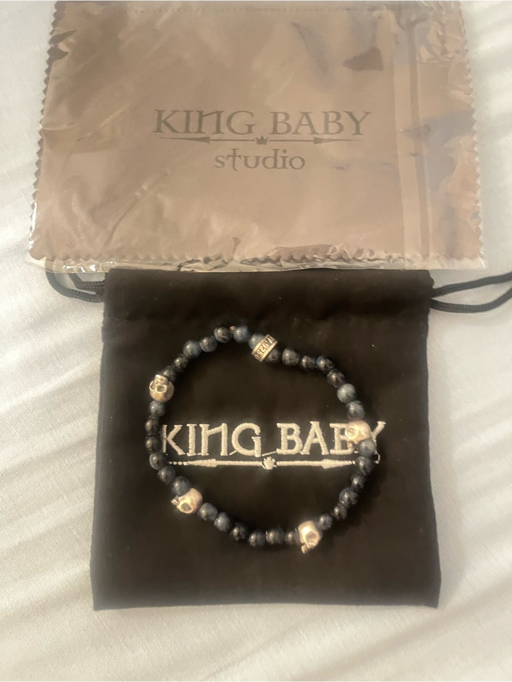 King Baby 8 inch Black Onyx Beaded Skull Bracelet .925 Made in the 🇺🇸